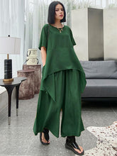 Urban Solid Round-Neck T-Shirt&Wide Leg Pants Suits